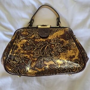 Patricia Nash Kisslock Gracci Gold Bronze Embossed Leather Satchel EUC